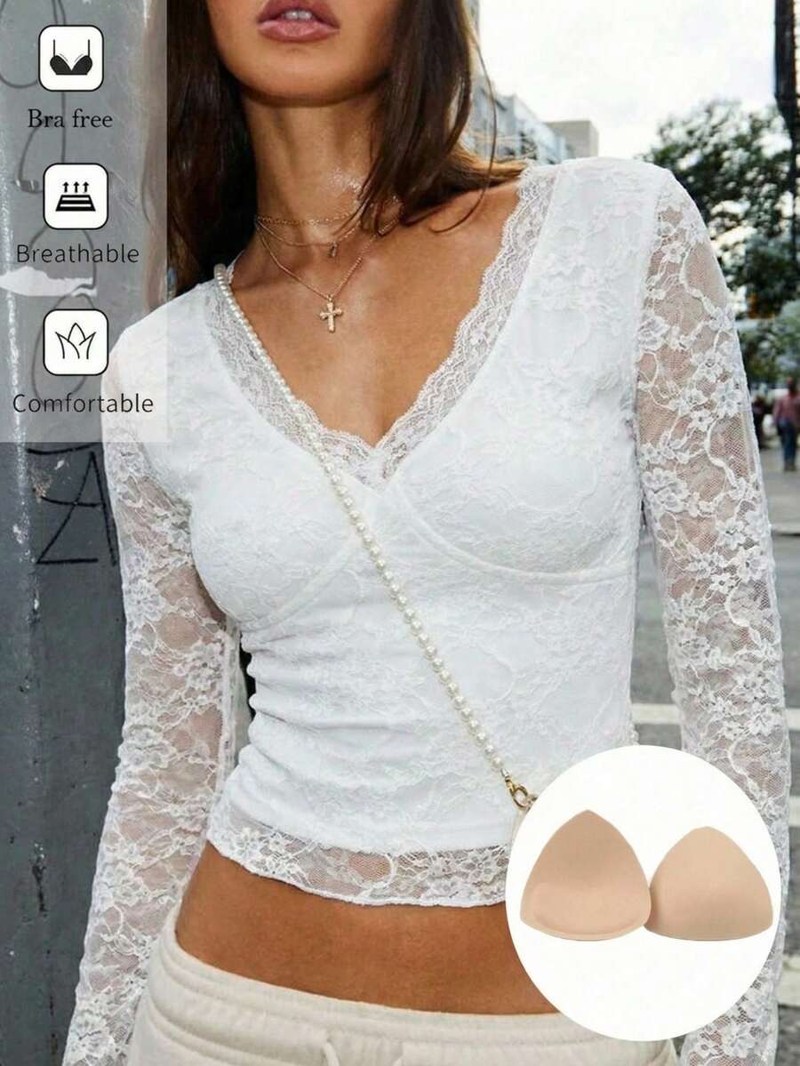 SHEIN EZwear 白色蕾丝针织修身浪漫上衣 - 白色 - 查看 1