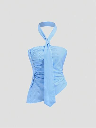 Sweetra French Elegant Versatile Commuter Style Summer Collegiate Blue Striped Unique Halter Neck Tie Design Slim Fit Asymmetric Button Sexy Blouse For Women