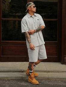 DAZY 2pcs/Set Men's Plaid Pattern Embroidered Short Sleeve Shirt Set - Multicolor - View 5