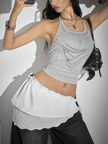 Bloopia Women's Knitted Sleeveless Halter Neck Chain Rhinestone Design Fashionable Casual Tank Top Halter Top Fashion Top Rhinestone Halter Top Gray Tanktop Bling Top Cute Top Body Chain Top - Grey - View 6