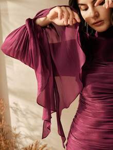 Anewsta Women's Long Dress With Pleated Design, Elegant And Fashionable Formal Gown Fall - Burgundy - View 5