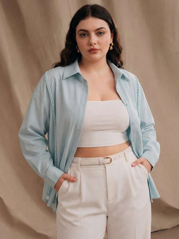 Camisa de manga larga con decoración de flecos para mujer talla grande, nueva colección primavera/verano