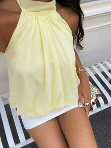 Aloruh 女士新款雪纺吊带露背上衣，夏季上衣，黄色上衣/可爱上衣/性感上衣/度假上衣 - 黃色 - 查看 1