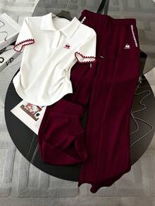 Resyla 樱桃刺绣，精美贝壳刺绣时尚简约女士Polo领T恤+长裤套装，送朋友的礼物 - 酒紅色 - 查看 4