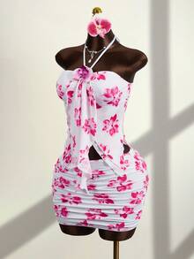 Zestiva Spring/Summer Hot Selling Casual Plant Flower Print Front Center 3D Flower + Ruffle Collar Anti-Slip Top + Plant Flower Print Side Ruched Midi Skirt Women Casual Suit - Multicolor - View 4