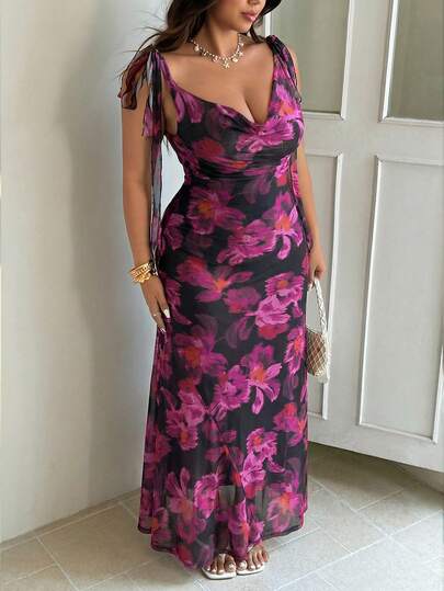 GalTyme Plus Size Women's Floral Print V-Neck Elegant Waist Cinched Party Dress, Spring/Summer