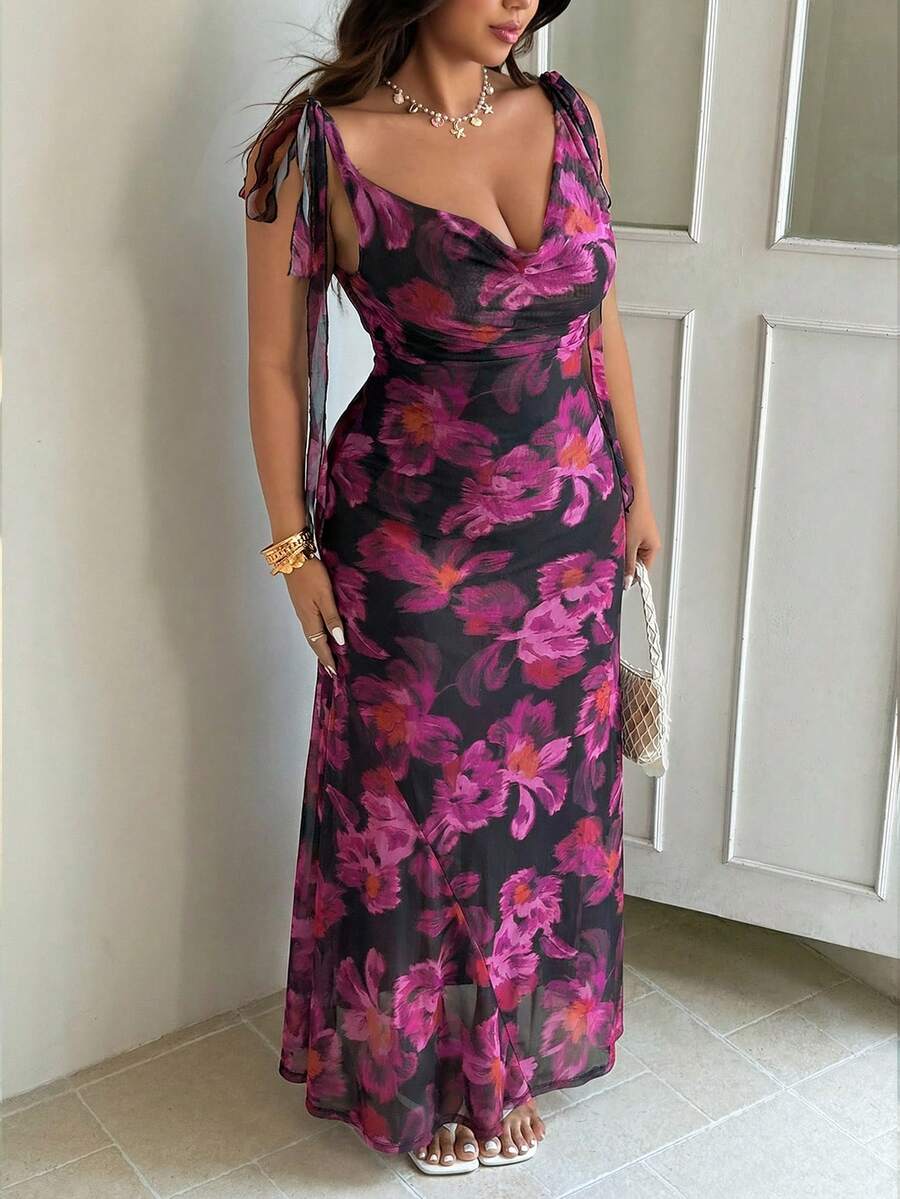 GalTyme Plus Size Women's Floral Print V-Neck Elegant Waist Cinched Party Dress, Spring/Summer - Multicolor - View 1