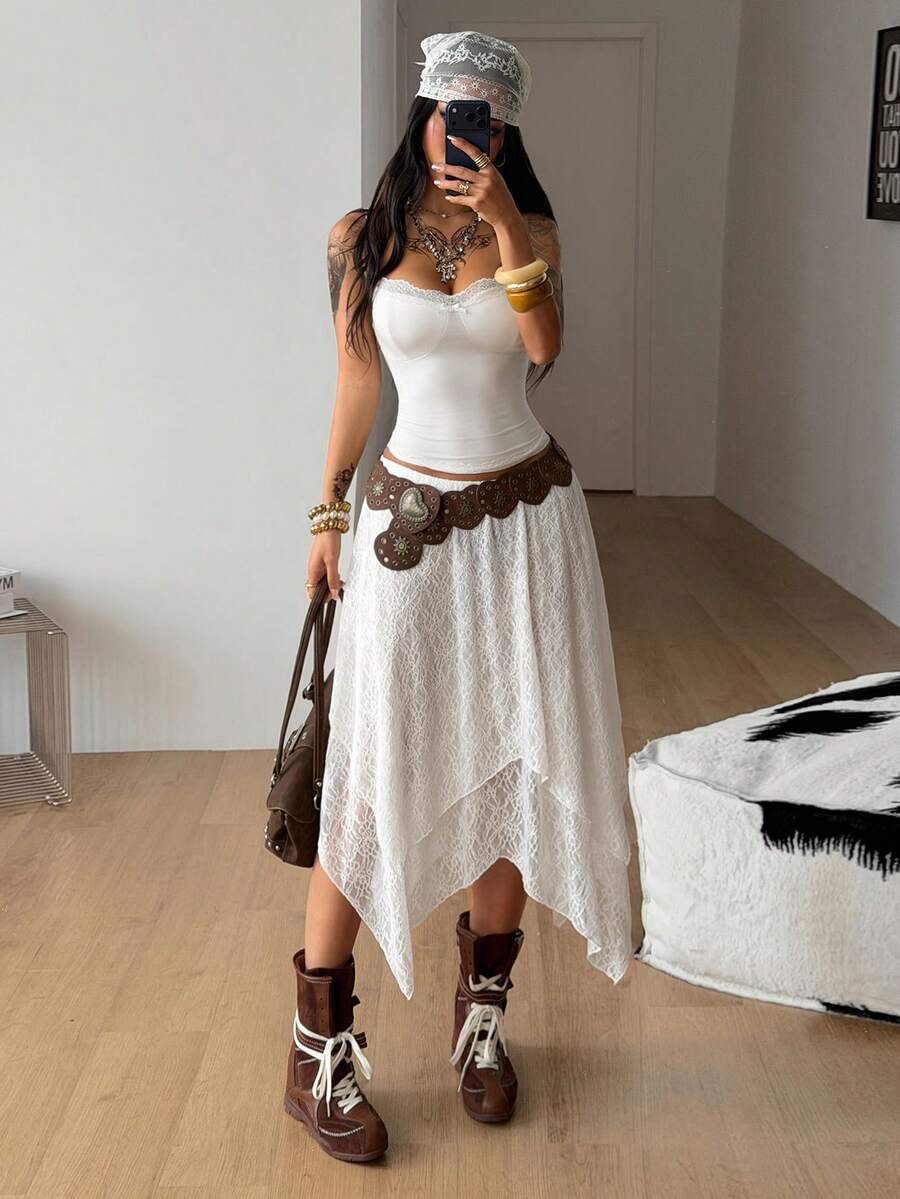 Coolane Faldas blancas elásticas y cómodas con encaje, de estilo chic Y2K de streetwear para mujer, para primavera/verano y vuelta al colegio - Blanco - Ver 1