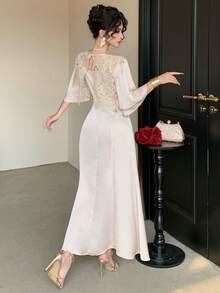 DAZY Đầm dài dáng đuôi cá thanh lịch dành cho nữ, cổ tròn, phối ren và satin. Đầm 2 trong 1. - Màu be - Xem 3