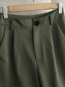 Franclia Petite Women's Solid Color Pleated Pocket Loose Casual Suit Pants - Army Green - View 3