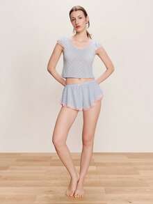 lacRébo Bộ đồ ngủ ren xanh dương và hồng gồm áo thun cổ tròn và quần short ống loe, đồ mặc nhà dễ thương, thoải mái, phong cách Pháp mùa xuân hè. - Màu xanh nhạt - Xem 5