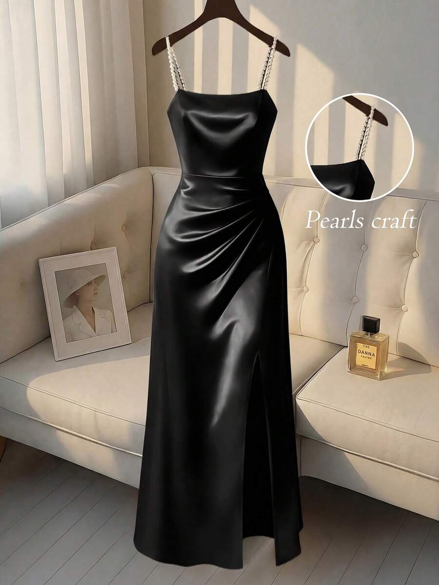 SHEIN Franclia Elegant Pearl Decor High Slit Camisole Dress, Summer - Black - View 1