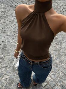 Muchica 巧克力棕色针织高领女式上衣 - 巧克力棕 - 查看 5