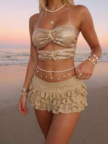 Sundraya Top tubo sexy y versátil para una noche de cita con decoración de lentejuelas y metal para mujer - Caqui - Ver 5