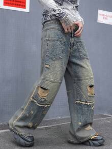 Manfinity EMRG Men's Casual Washed Distressed Denim Jeans - Bronze - View 4