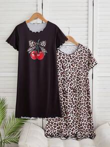 2 piezas Camisón de manga corta con cuello redondo y estampado de cerezas y leopardo, ropa de estar en casa elegante y linda para niñas - Negro - Ver 3