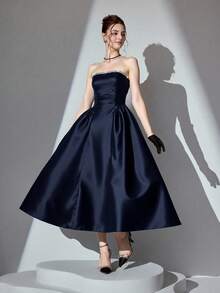 Poshira Women's Rhinestone Decorated Glamorous Strapless Formal Gown (Heavy Embellishment) - Navy Blue - View 1