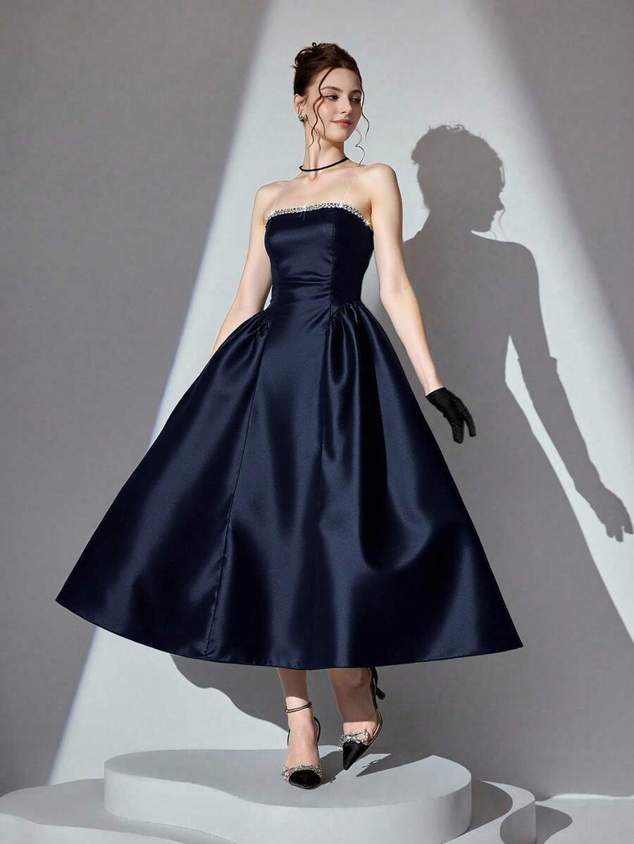 Poshira Women's Rhinestone Decorated Glamorous Strapless Formal Gown (Heavy Embellishment) - Navy Blue - View 1