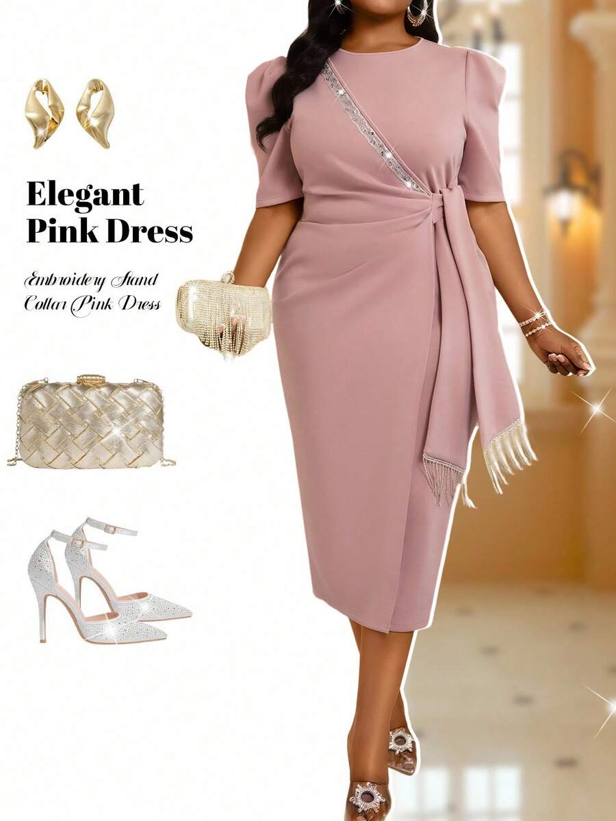 Fleurora 春夏秋冬优雅A字连衣裙，镂空刺绣立领，粉色，大码，情人节服装，情人节礼物