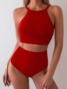 Swim Basics 女士黑色高腰休闲比基尼两件套套装 - 紅色 - 查看 3