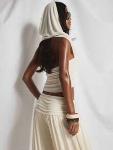 MUSERA Draped Ruched Cross Over Hooded Top Coord Top Only Cute Holiday Sexy Night Out Vacation Spring Summer Elegant Soleil Drape - Cream - View 2