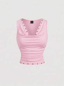 SHEIN MOD 70年代复古女式棕色垂褶领铆钉背心和长裙两件套——复古嬉皮、假日装、波西米亚风、Y2K风、西部风和游牧风 - 粉色 - 查看 5