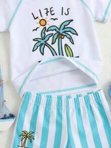 SHEIN 男婴休闲度假椰树印花上衣和条纹泳裤，适合夏季游泳和海滩穿着 - 彩色 - 查看 3