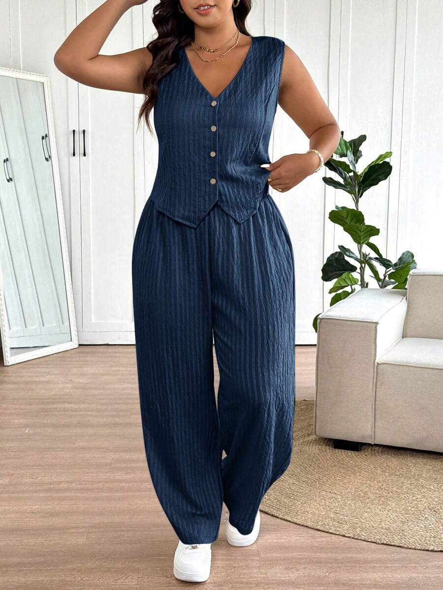 SHEIN Frenchy Plus Size Women V-Neck Top And Wide Leg Pants Casual Everyday Set - Blue - View 1