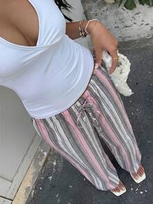 SHEIN EZwear 女款條紋夏季波西米亞度假寬腿褲，高腰亞麻條紋抽繩休閒居家長褲沙灘Y2k - 彩色 - 查看 3