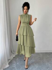 Elenzga Đầm maxi nữ mùa xuân/hè kiểu Pháp lãng mạn, thanh lịch, phong cách Sicily, thích hợp đi làm, đi nghỉ mát, dự tiệc trà chiều, màu trơn, chất liệu chiffon nhăn, cổ tàu, eo xếp ly, gấu đầm xếp tầng, không tay, có lớp lót, đầm nữ sang trọng, đầm mới nhất, đầm nữ dự tiệc, đầm nữ chất lượng cao. - màu xanh lá - Xem 1