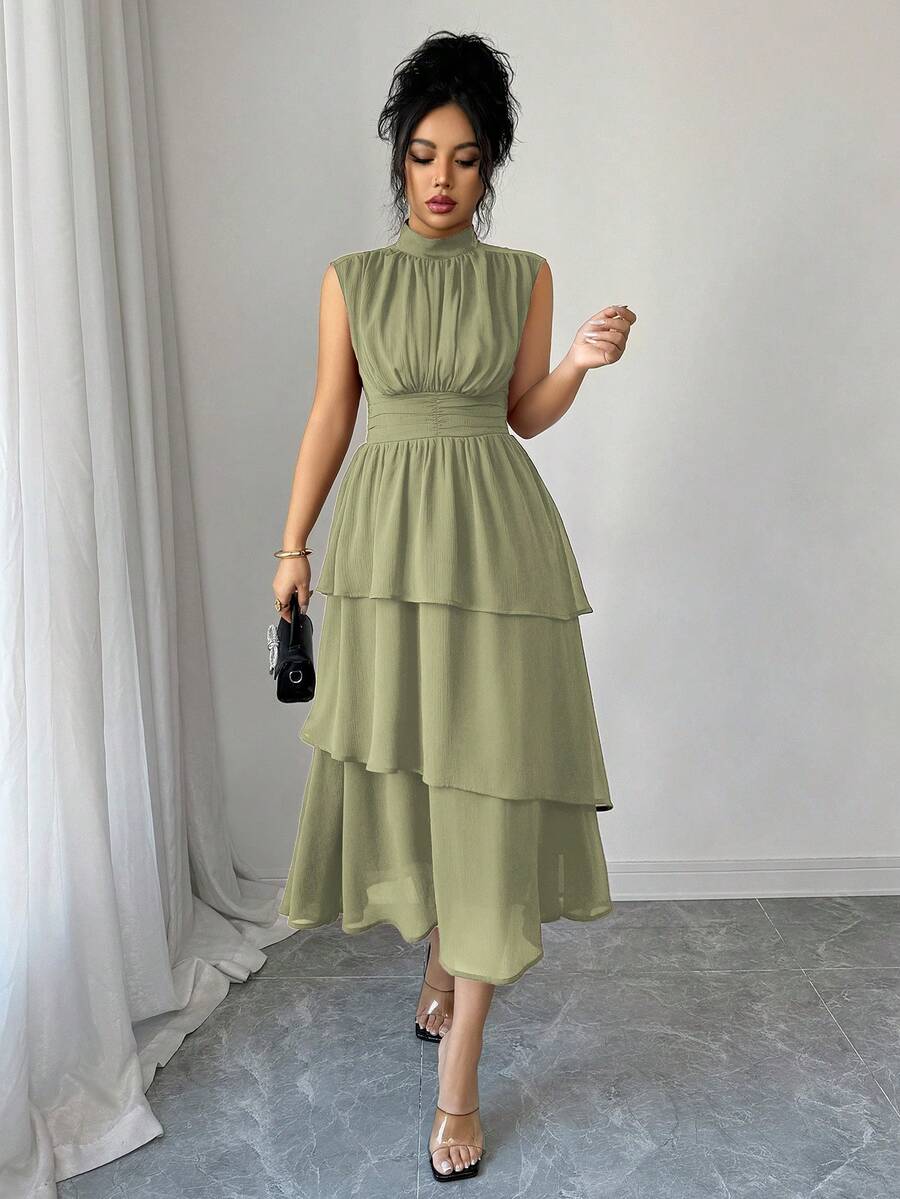 Elenzga Đầm maxi nữ mùa xuân/hè kiểu Pháp lãng mạn, thanh lịch, phong cách Sicily, thích hợp đi làm, đi nghỉ mát, dự tiệc trà chiều, màu trơn, chất liệu chiffon nhăn, cổ tàu, eo xếp ly, gấu đầm xếp tầng, không tay, có lớp lót, đầm nữ sang trọng, đầm mới nhất, đầm nữ dự tiệc, đầm nữ chất lượng cao. - màu xanh lá - Xem 1