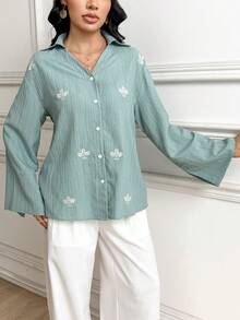 Veilorie Camisa de manga larga de uso diario versátil y casual con bordado floral de mujer - Morado - Ver 4