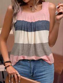 EMERY ROSE 大码女式撞色无袖背心，美式极简主义纹理条纹圆领背心，大码背心 - 彩色 - 查看 3