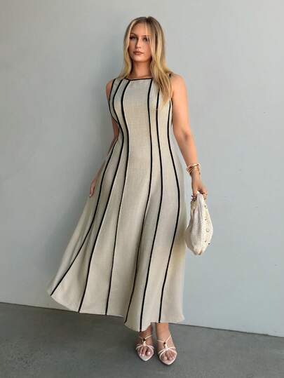 Auralis 大码女式条纹无袖休闲通勤连衣裙