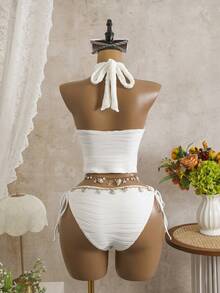 Bellisia 夏季女士吊带比基尼两件套，特殊纹理面料吊带系带上衣饰有贝壳，侧边系带比基尼泳裤，沙滩度假泳装 - 白色 - 查看 3
