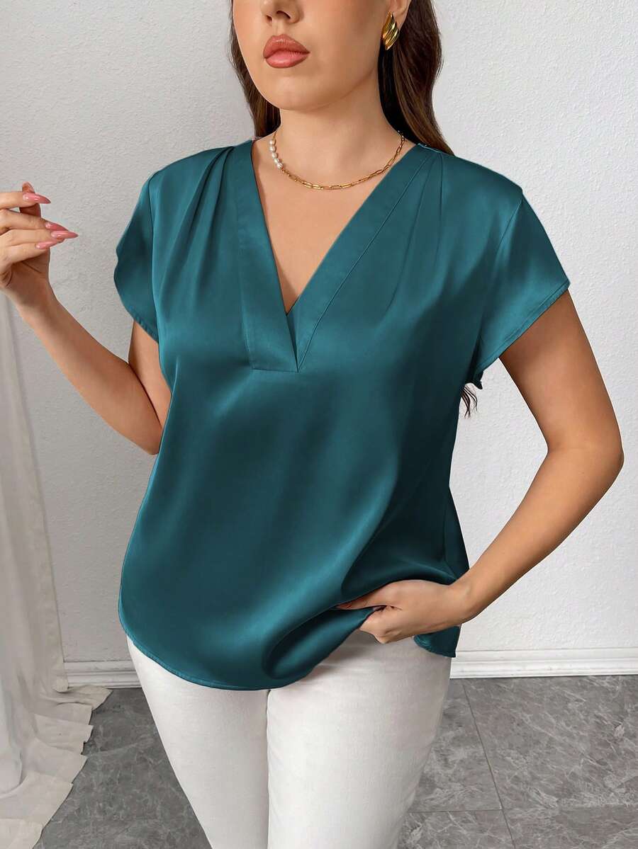 Elenzga 大码女式休闲宽松度假通勤纯色缎面V领褶皱肩蝙蝠袖衬衫,春夏款 - 水鴨藍 - 查看 1