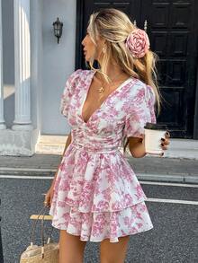 Pariaura Women's Vacation Plant Pattern Deep V-Neck Ruffle Short Petal Sleeve Fashionable Mini Dress - Pink - View 5