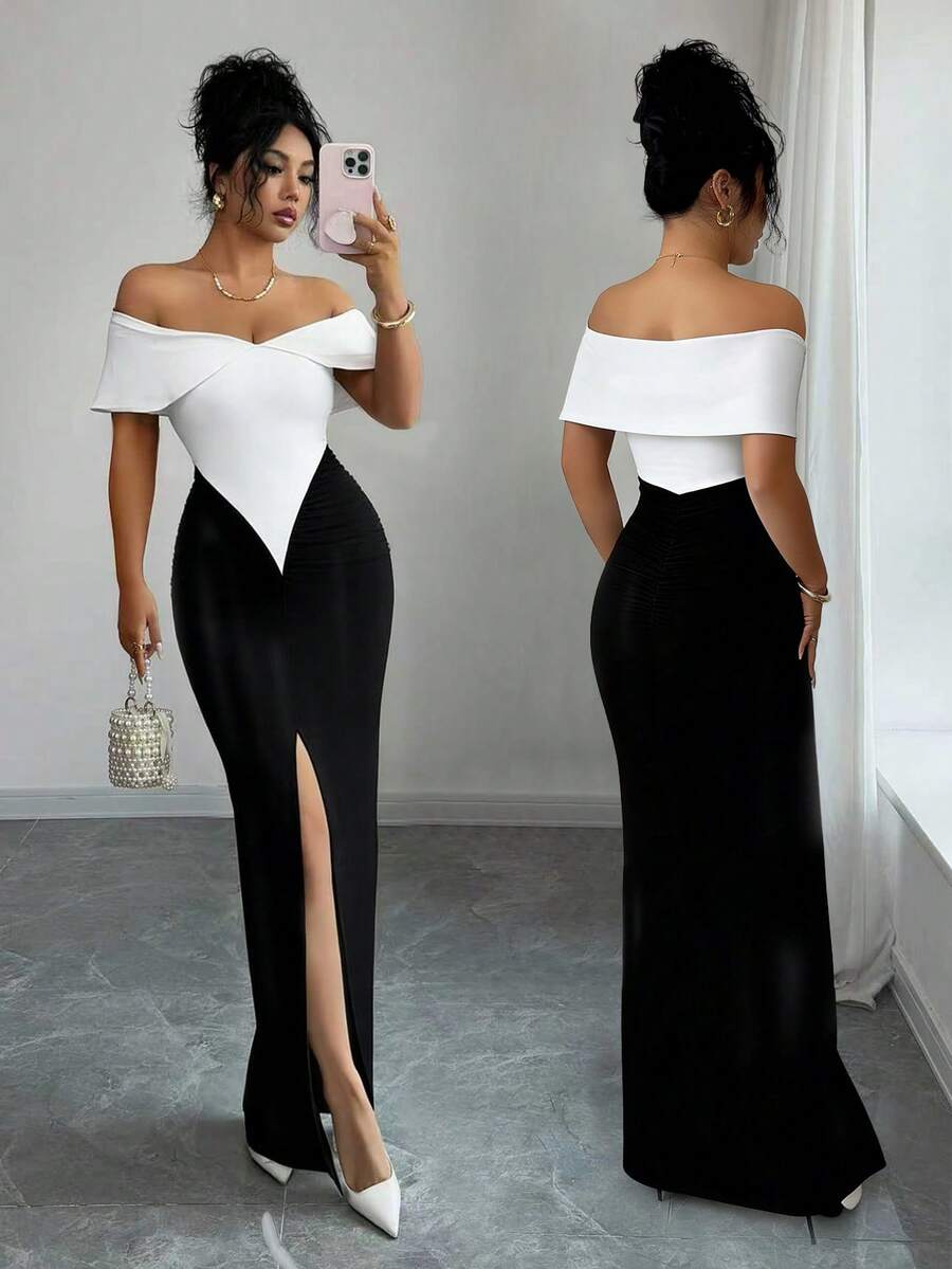 Selianne Đầm trễ vai xếp ly gợi cảm phối màu tương phản, đầm dài không tay cho nữ, đầm dự tiệc trễ vai, đầm cao cấp bán online, đầm dạ hội, đầm thanh lịch cho nữ, đầm dạ hội đen trắng cho nữ, đầm nữ - Đen và trắng - Xem 1