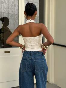 Muchica Women's Apricot Knit Halter Neck Top - Apricot - View 2