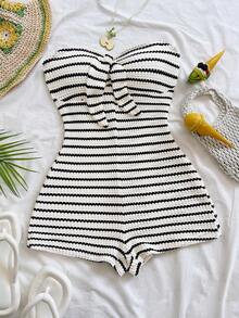 Soleia Bộ jumpsuit nữ mùa xuân/hè màu trắng dệt kim, thắt nơ phía trước, ôm dáng, thích hợp cho tiệc tùng, hẹn hò, ngày Valentine, gợi cảm và lãng mạn, lễ hội, du thuyền biển, tiệc trà chiều. - Nhiều màu - Xem 3