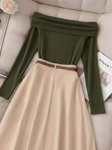 Franclia 女士优雅露肩长袖上衣和A字中长裙套装 - 軍綠色 - 查看 3