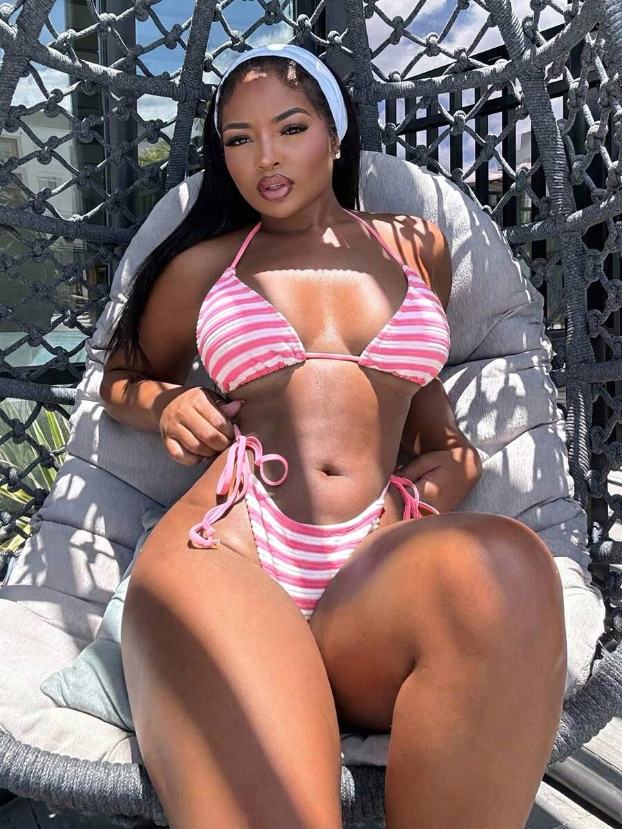 Alexandranx Women's Striped Halter Neck Bikini Set For Summer Beach, Separates - Pink - View 1
