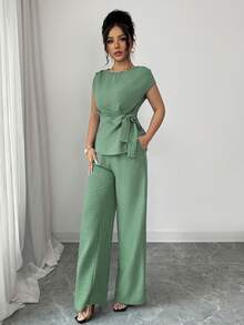 Elenzga Áo sơ mi nữ thanh lịch, màu xanh dương, xếp ly, eo điều chỉnh được, thắt nơ + Quần ống rộng, cạp cao, có túi, thanh lịch, phù hợp cho công sở - màu xanh lá - Xem 7