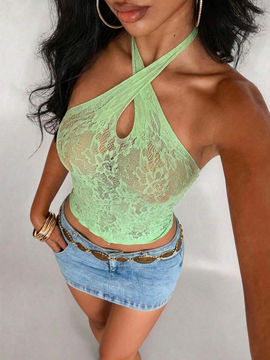 SHEIN DivaQ Women's Sexy Green Jacquard Halter Neck Camisole Light Green Top Green Top Women Green Summer Top Sexy Summer Tops Lacy Top - Green - View 1