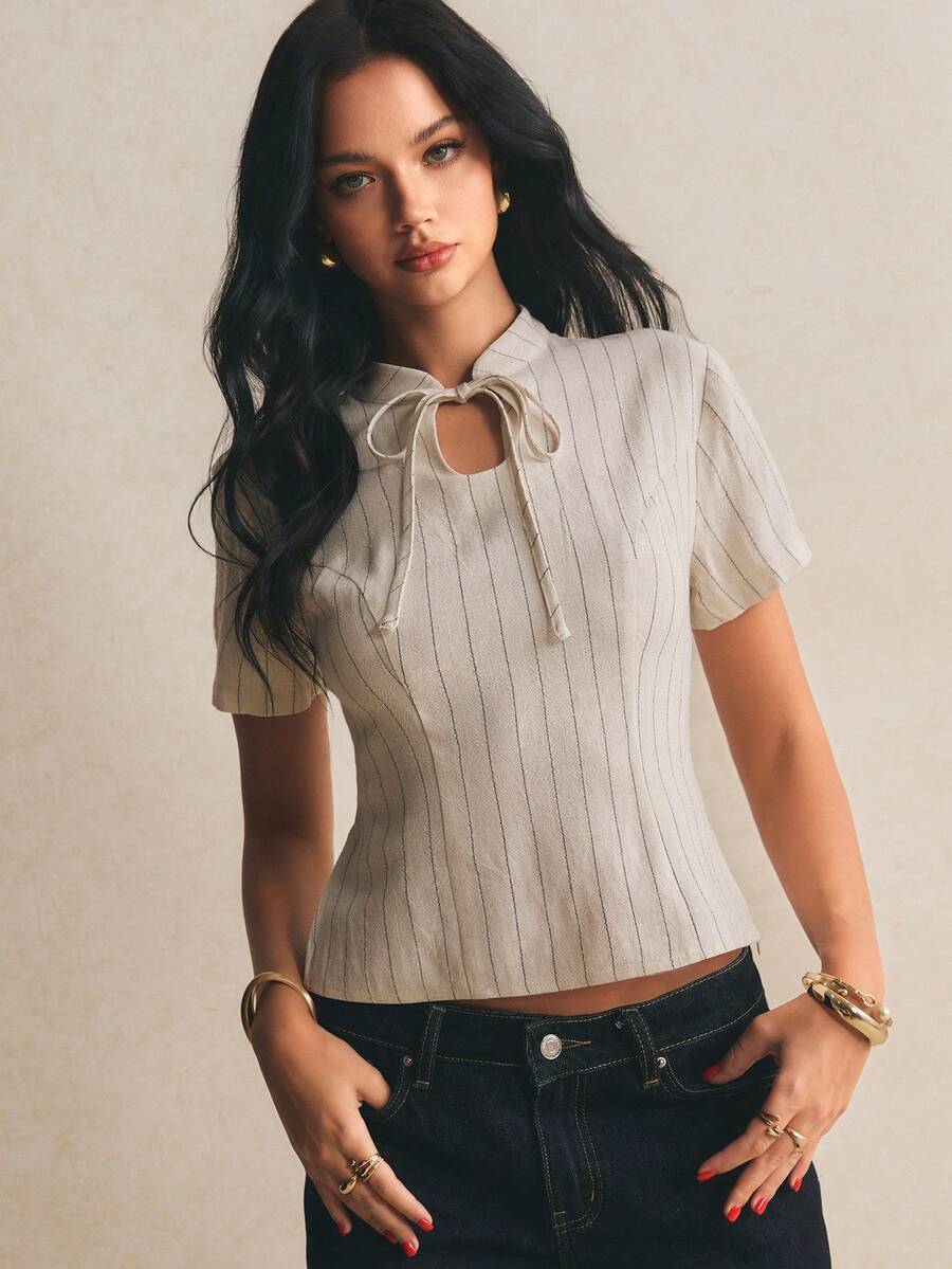 Poéselle 女士条纹领短袖中式衬衫，优雅中式风格，优雅女士衬衫，女士工作上衣，女士休闲衬衫，外出上衣，女士办公室着装，适合办公室、周末度假和旅行，春夏商务休闲女士上衣，夏季上衣