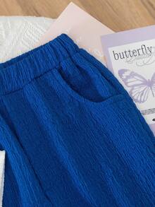 2pcs/Set Girls (Small) Pink Knit Short Sleeve Bow T-Shirt Top And Denim Flare Pants With Pockets, Casual Daily Sweet Summer Young Girl Outfit - Blue - View 4