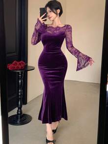 DAZY Autumn Lace Patchwork Square Neck Long Sleeve Cinched Waist Velvet Elegant Elegant Women's Mid-Length Dress - Purple - View 4