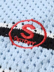 Manfinity Roughcore Men's Letter Striped V-Neck Short Sleeve Hollow-Out Knit Top - Blue and White - View 6