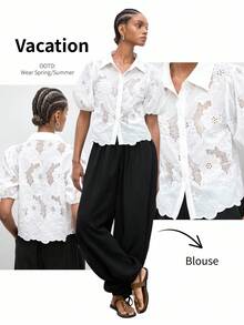 Maija Áo kiểu nữ tay lửng màu trắng thanh lịch, có cúc cài phía trước, họa tiết cắt laser và viền ren, tay phồng, áo kiểu nữ tay ngắn, áo kiểu nữ mùa hè, áo kiểu thêu lỗ, áo kiểu đi nghỉ mát. - trắng - Xem 2
