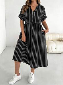 SHEIN Essnce Vestido casual de fiesta con cuello en V a rayas para mujer de talla grande - Multicolor - Ver 4